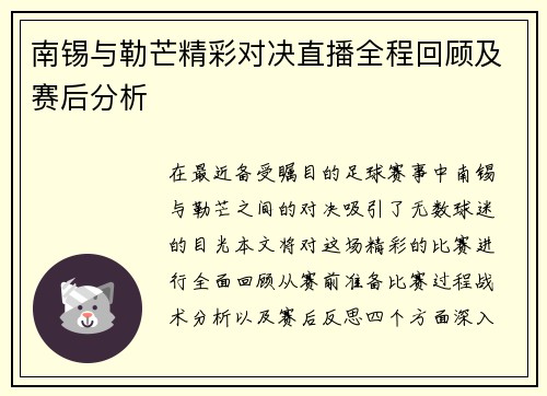 南锡与勒芒精彩对决直播全程回顾及赛后分析