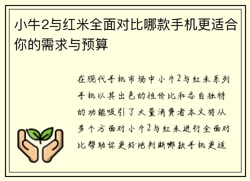 小牛2与红米全面对比哪款手机更适合你的需求与预算